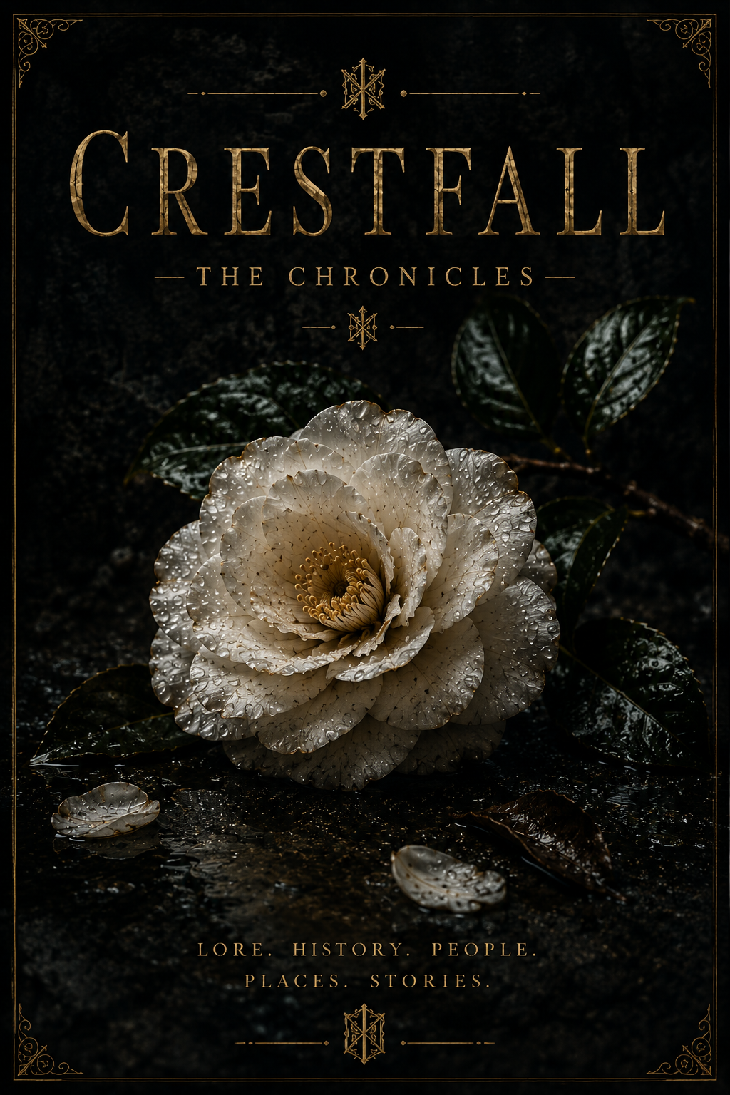 The white Crestfall flower on a dark background