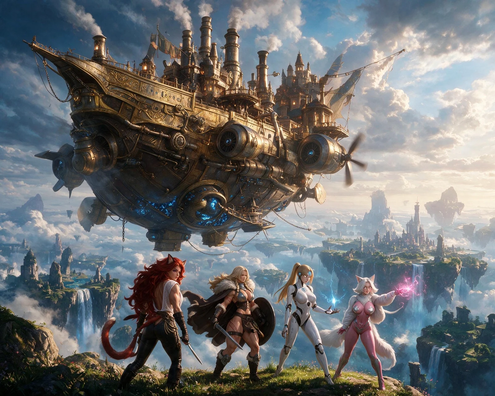 Crestfall adventurers beneath an airship above a floating world